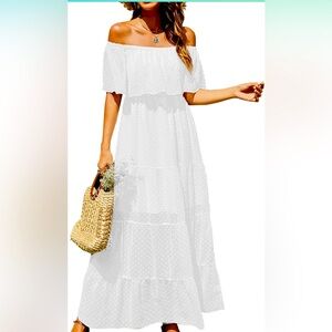 KIRUNDO Women's Off Shoulder Maxi Dress Swiss Dot Short Sleeve Ruffle dress